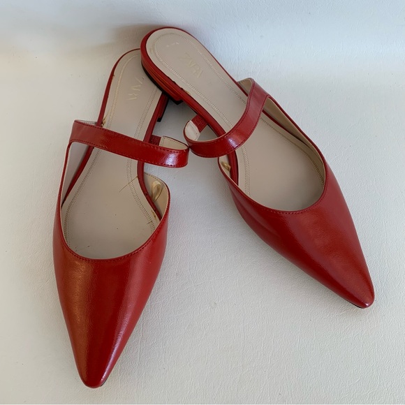 Zara Red Leather Pointed Toe Flats - Picture 3 of 7